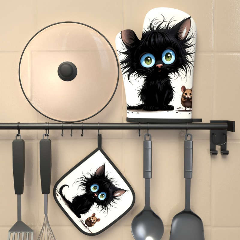 2pcs Heat-Resistant Oven Mitts Potholders Cute Black Kitten Brown Mouse Design 26.92x17.