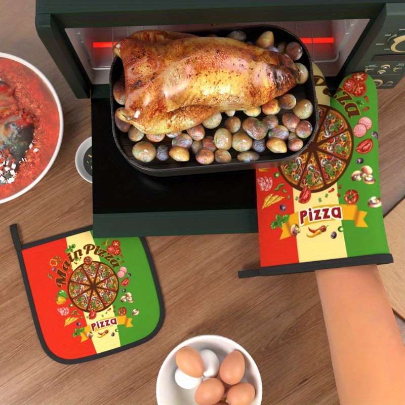 2pcs Colorful Pizza Slice Oven Mitts Pot Holders Heat Resistant Machine Washable Polyester