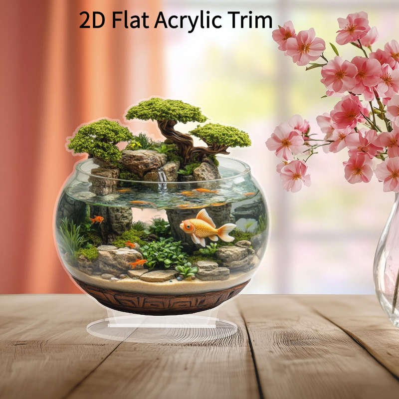 1pc 2D Flat  Acrylic Trim 8-Inch Glass Container with Golden Fish and Artificial Mountain Landscape