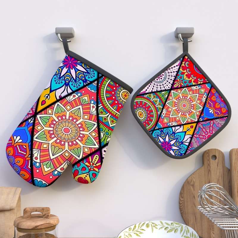 2pcs Colorful Mandala Heat-Resistant Oven Mitts Pot Holders 26.92x17.02 cm Vibrant Geometr