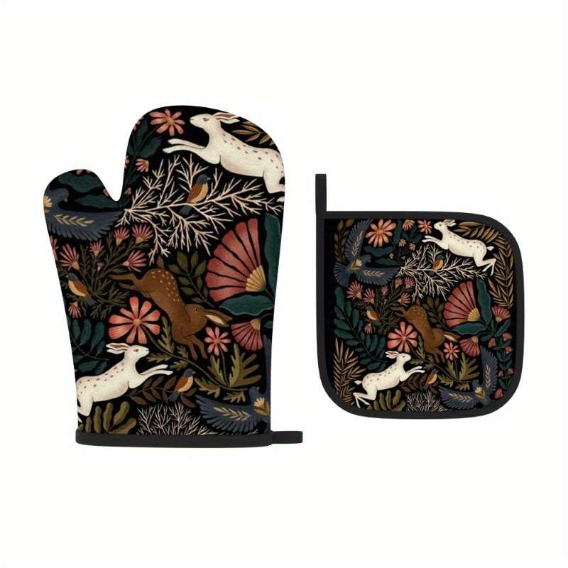2pcs 26.92x17.02 cm Oven Mitts Pot Holders Rabbit twig flower Heat Resistant Oven Mitts And Pot