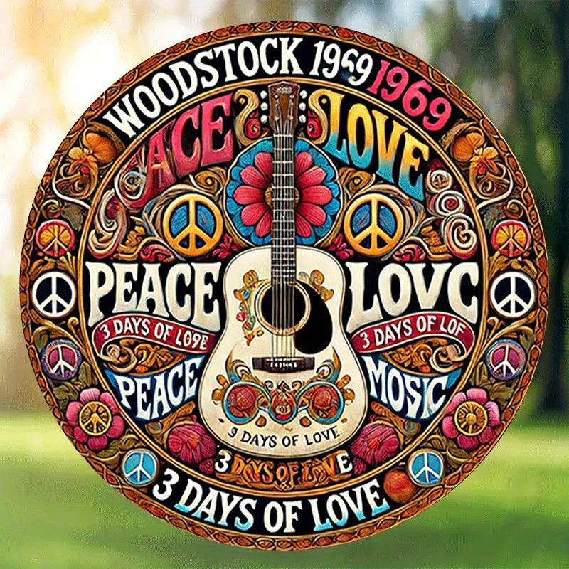 1pc 2D Plane  Woodstock 1969 Peace and Love 8-inch Metal Plaque Retro Iron Wall Art Classic