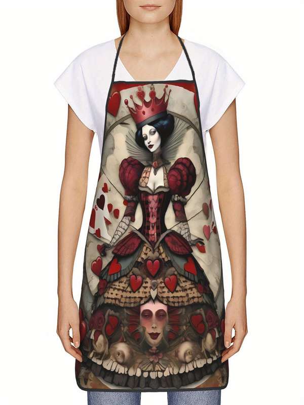 1pc Vintage-Inspired Playing Card Queen Kitchen Apron Polyester Red and White Adjustable Ties