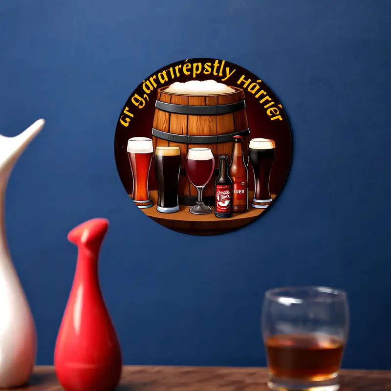 1pc Vintage Beer Barrel Glasses Wall Decor 19.81cm Round Aluminum Sign Rustic Brewing Theme Durable