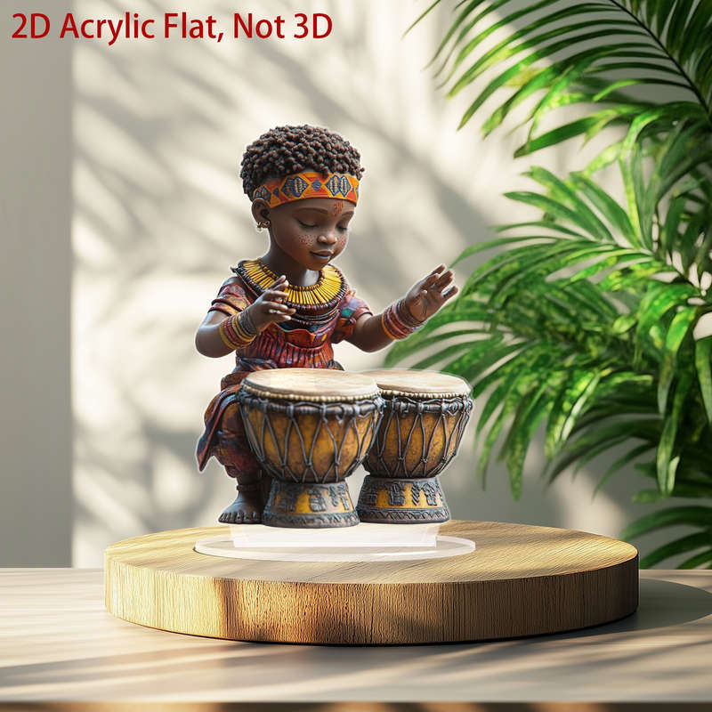 1pc 2D Flat   Acrylic African Boy Playing Drums Decorative Figurine Bohemian Style No Power Ne