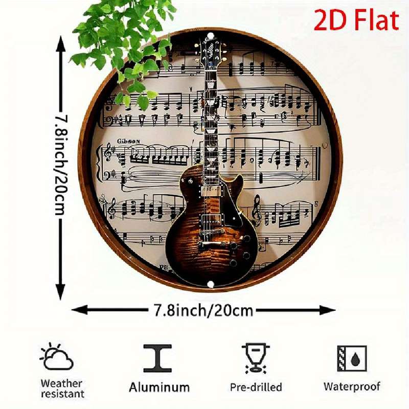 1pc  2D Flat Metal Round Aluminum Tin Sign Gibson Guitar Wall Art Retro Music Decor for Hom