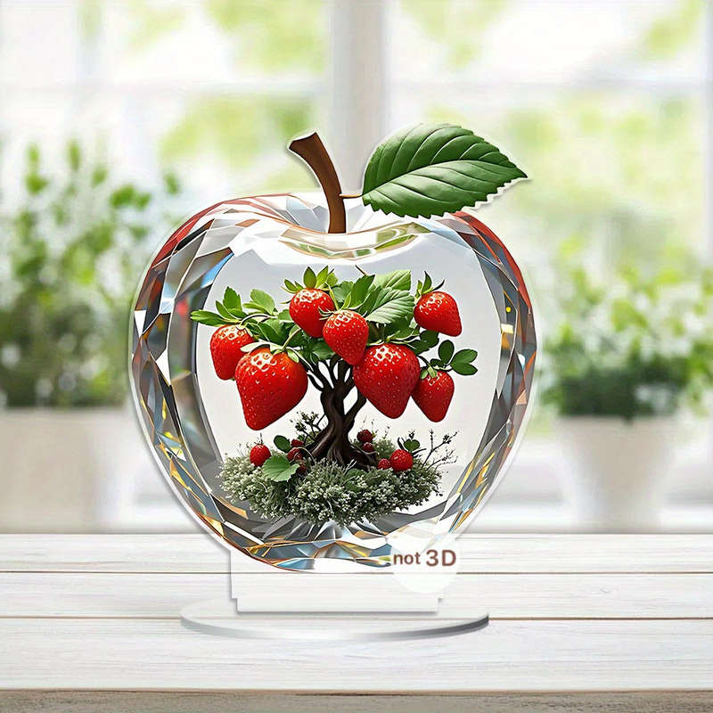 1pc 2D Flat   Elegant Strawberry  Acrylic Decorative Piece with Vibrant Green Leaves Red Ber