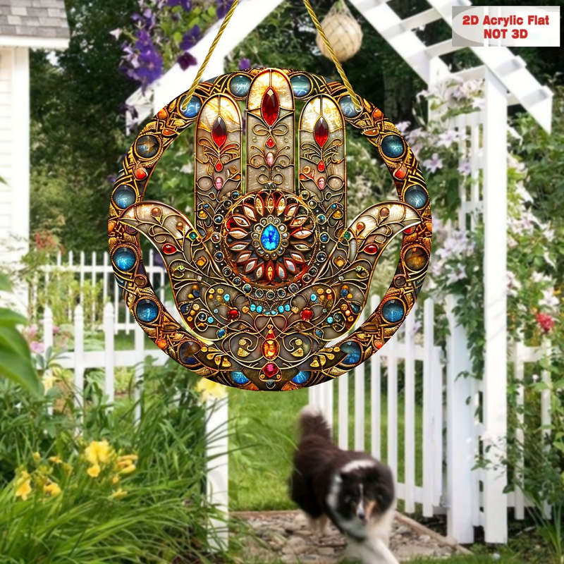 1pc 2D Flat  Bohemian Hamsa Hand Sun Catcher  Acrylic Window Hanging Decor with Colorful Staine