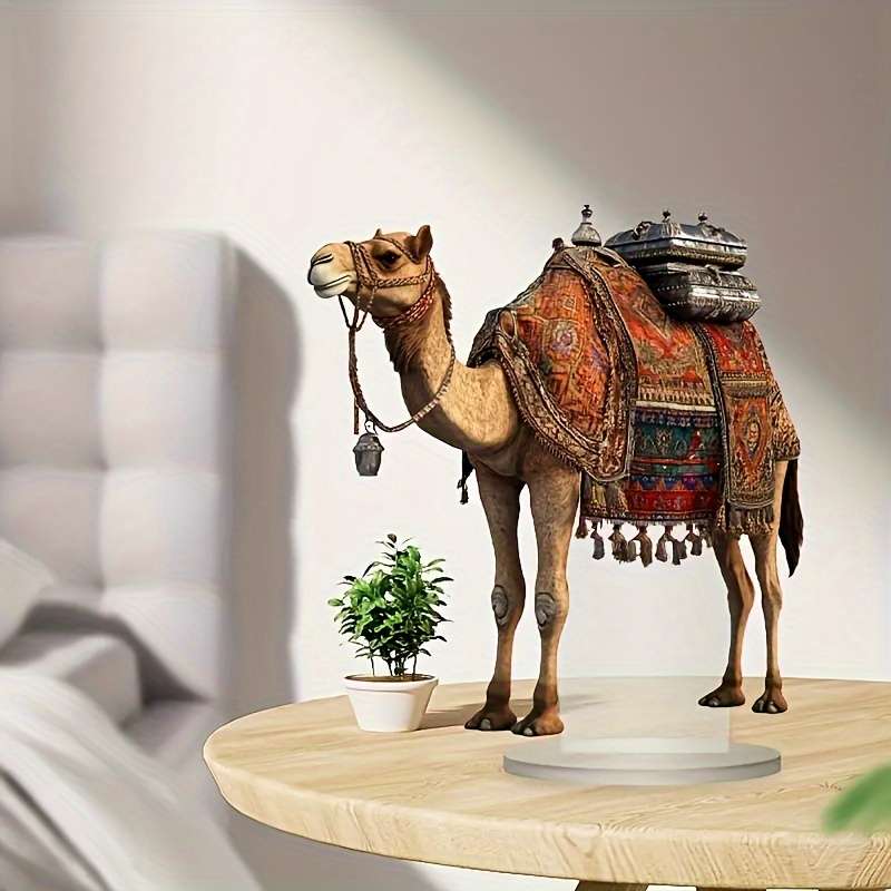 1pc 2D Flat  Elegant  Camel Tabletop Decor Bohemian Style Acrylic Animal Figurine with Ornate S