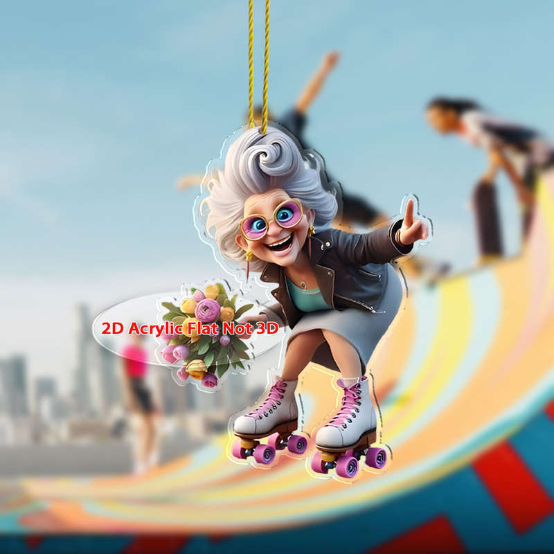 1pc 2D Flat   Vibrant  Acrylic Skateboarding Grandma Car Pendant Colorful Sports-Themed Key