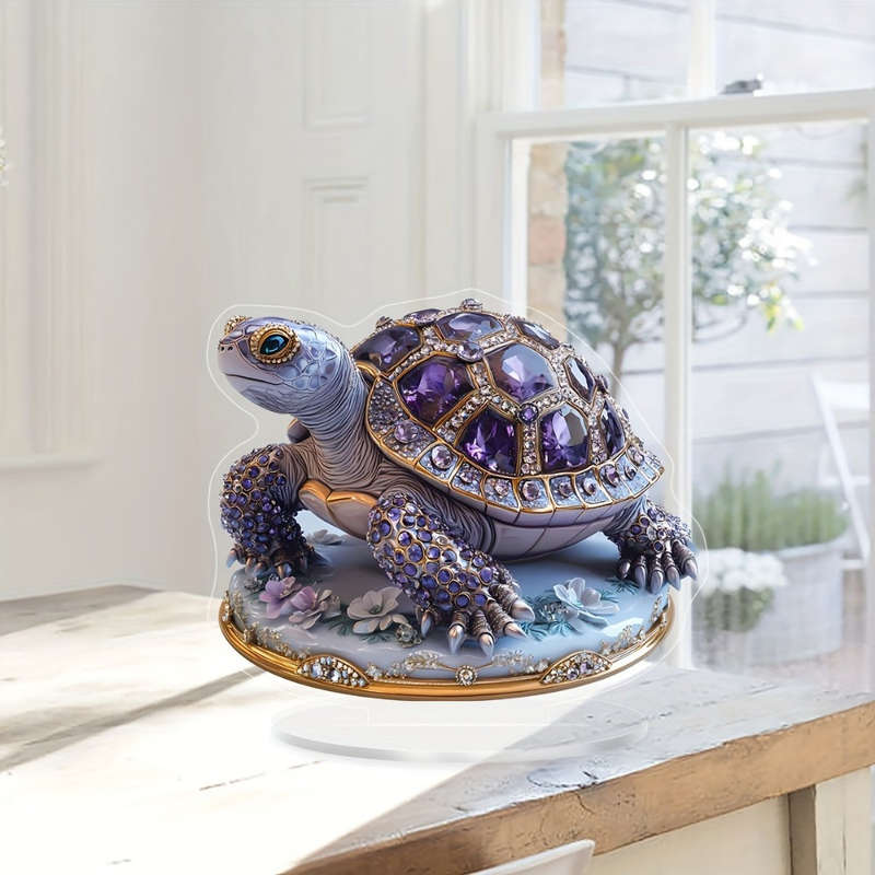 1pc 2D Flat  Boho Style  Acrylic Turtle Decor with Gemstone Purple and Golden Accents Versatile