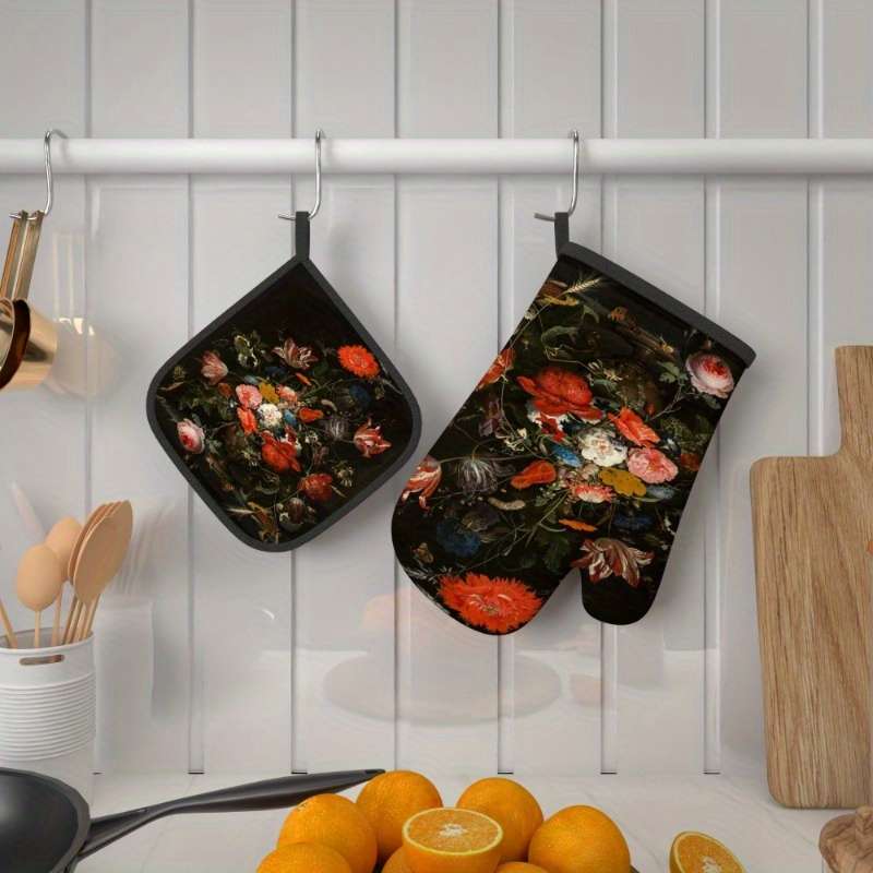 2pcs Floral Oven Mitts Pot Holders Heat Resistant Decorative Kitchen Gloves with Vibrant R