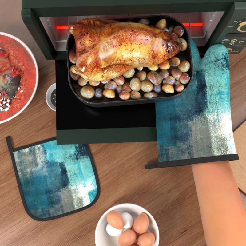 2pcs Heat-Resistant Oven Mitts Pot Holders 26.92x17.02 cm Blurred Blue White Pattern Dur