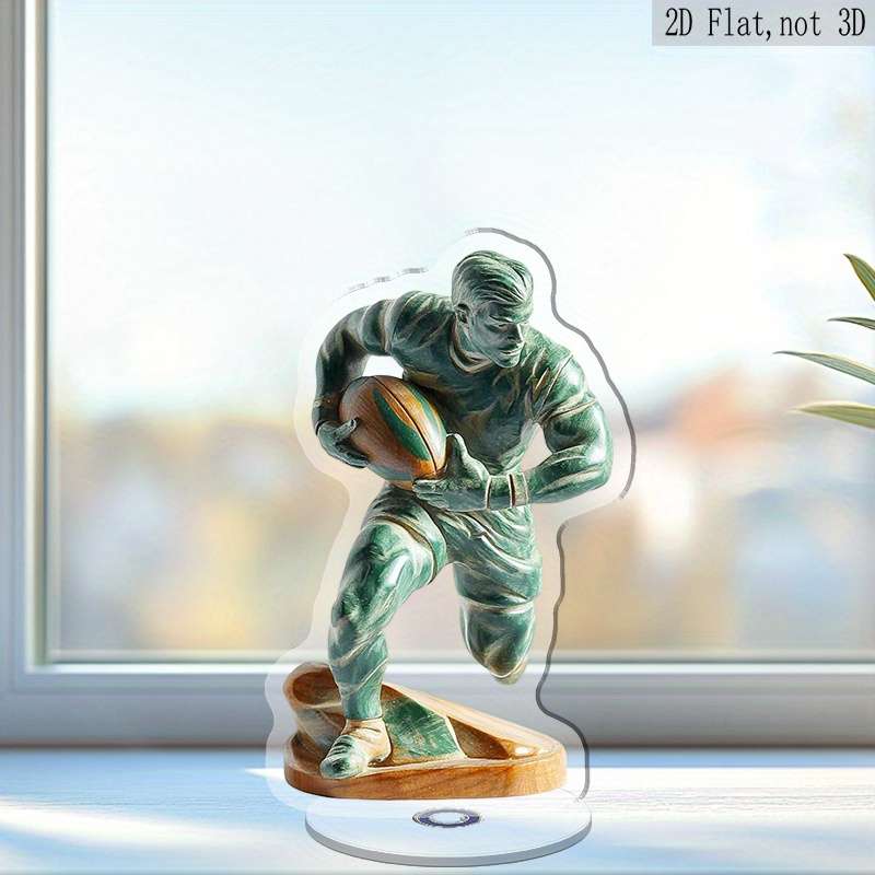 1pc 2D Flat  Acrylic  Rotatable Rugby Player Figurine Green Sports-Themed Stress Relief Desk Dec