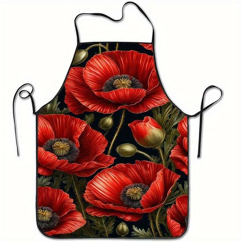 1pc Mother's Day Red Poppies Print Sleeveless Polyester Apron Vibrant Floral Design with Gree