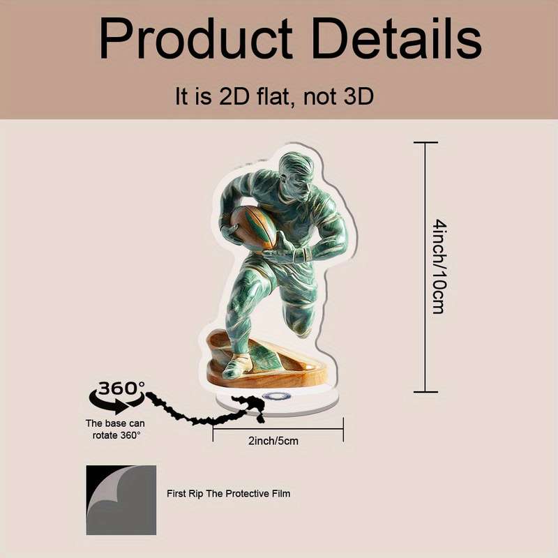 1pc 2D Flat  Acrylic  Rotatable Rugby Player Figurine Green Sports-Themed Stress Relief Desk Dec