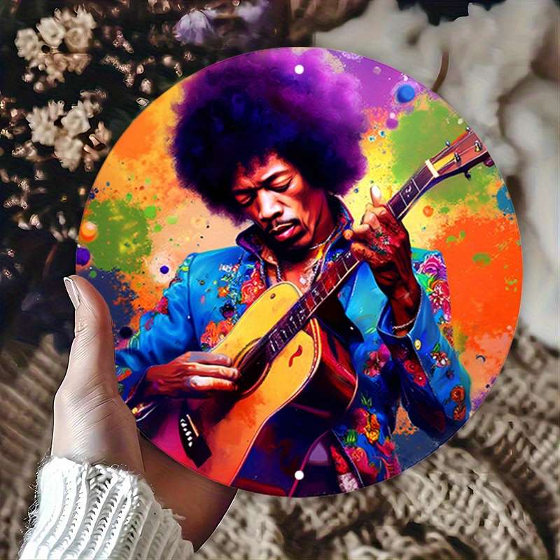 1pc Vibrant Jimi Hendrix-Inspired Metal Wall Art Round Decor Sign with Splattered Paint Design 1