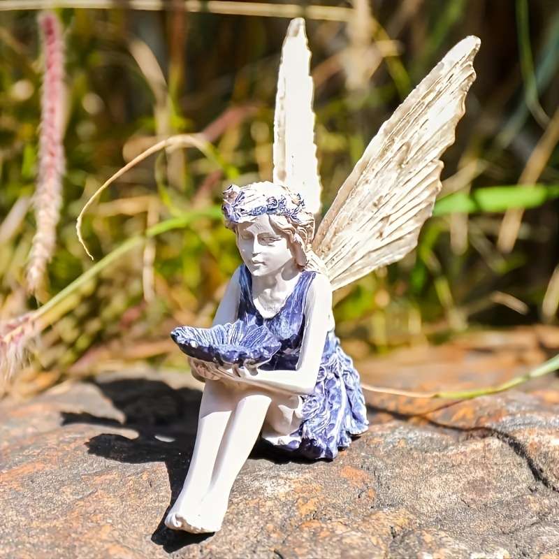 1pc 2D Flat Whimsical Fairy Garden Statue Resin Fairy with Wings Holding