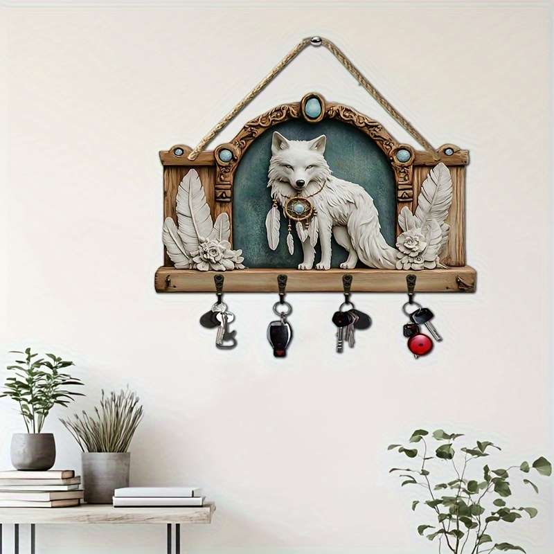 1pc 2D Flat Wolf and Dream Catcher Simple Colorful Wooden and Household Key Hook with Four Metal
