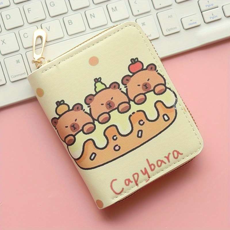 1pc Capybara Cartoon Compact Wallet for Women Cute Kawaii Design with ID Window Coin Pocket Hi