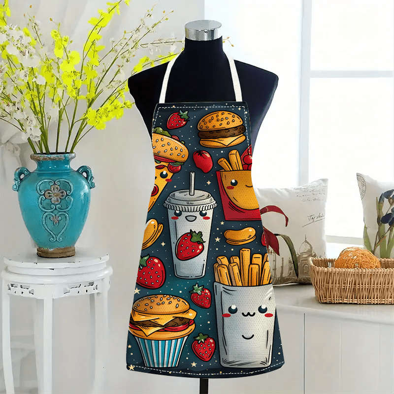 1pc Large Linen Apron with Fun Food Cartoon Print Cute Strawberry Burger Fries Design Dur