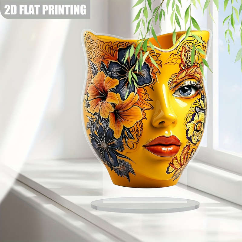 1pc 2D Flat  Bohemian Acrylic Vase with Intricate Floral Design 14.99 x 19.99 cm Vibrant Yellow