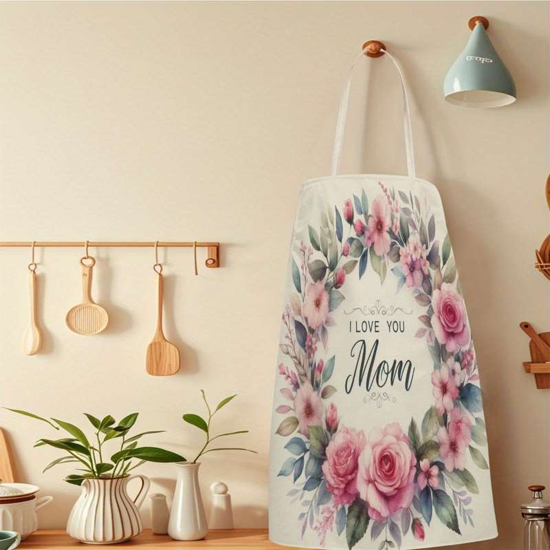 1pc Single-Piece Apron Floral Design with "I Love You Mom" Message Durable Polyester Unisex Kitc