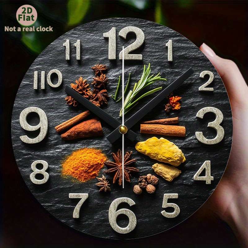 1pc 2D Flat Non-Real Clock Modern Spice-Themed Wall Clock with Black Glossy Stone Design Aluminum