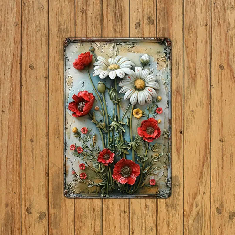 1pc Vintage Floral Iron Wall Art 29.97x19.81cm Retro Daisy Metal Plaque with 3D Embossed Design Rust