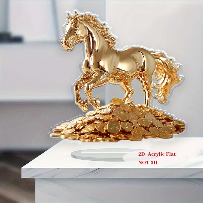 1pc 2D Flat   Elegant Bohemian Style Golden Acrylic Horse Statue with Money Stand 19.99 cm Tal