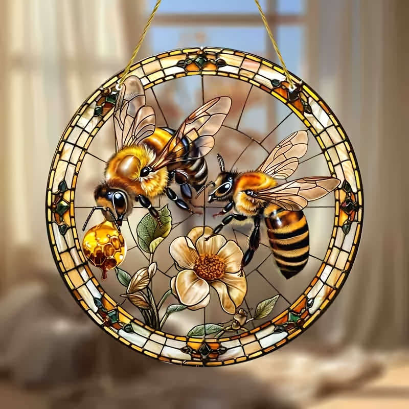 1pc 2D Flat  20.32cm Acrylic Bee and Flower Stained Glass-Style Suncatcher Vibrant Wall Hanging D