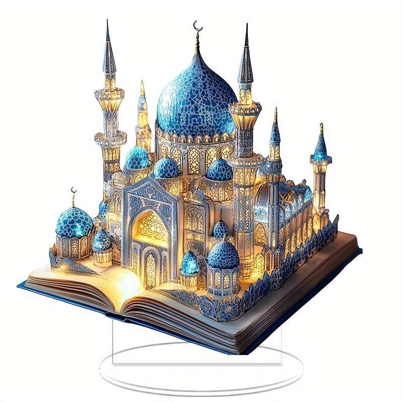 1pc 2D Flat   Acrylic Flat Mosque Model Elegant Blue Golden Mosque Design for Home Party D