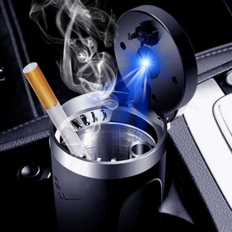 1pc LED Car Ashtray with Push-to-Open Cover Anti-Splash Metal Liner Durable Plastic Constructio