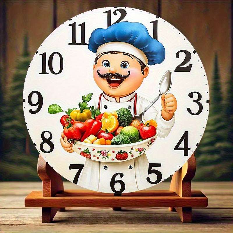 1pc Vintage Kitchen Wall Clock Cartoon Chef and Vegetable Design High-Definition Not real clock