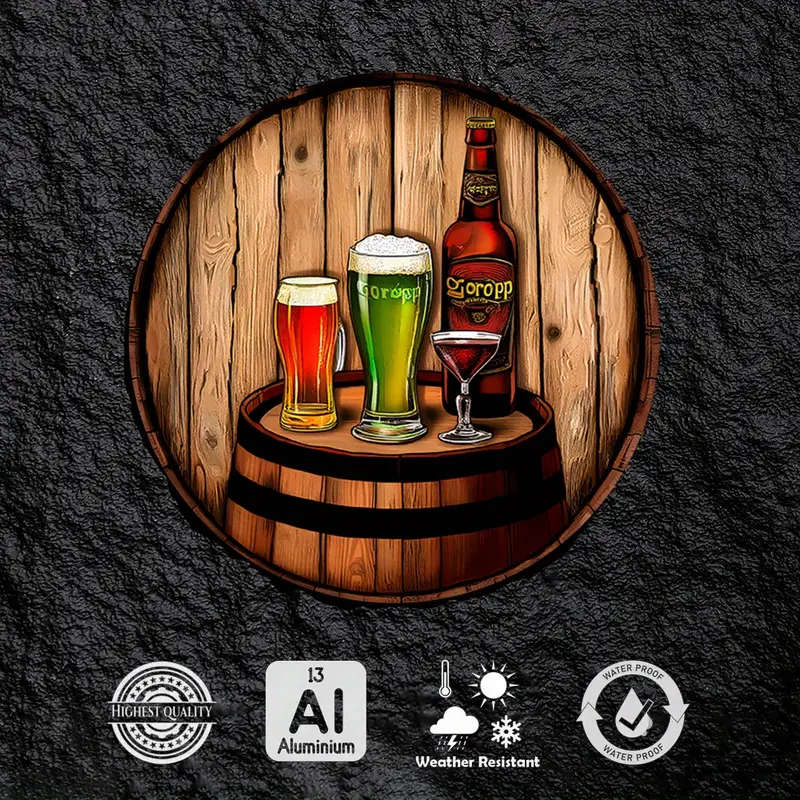 1pc Vintage Pub-Themed 20.32x20.32cm Round Aluminum Sign Rustic Beer Barrel Scene Wall Art Durable M