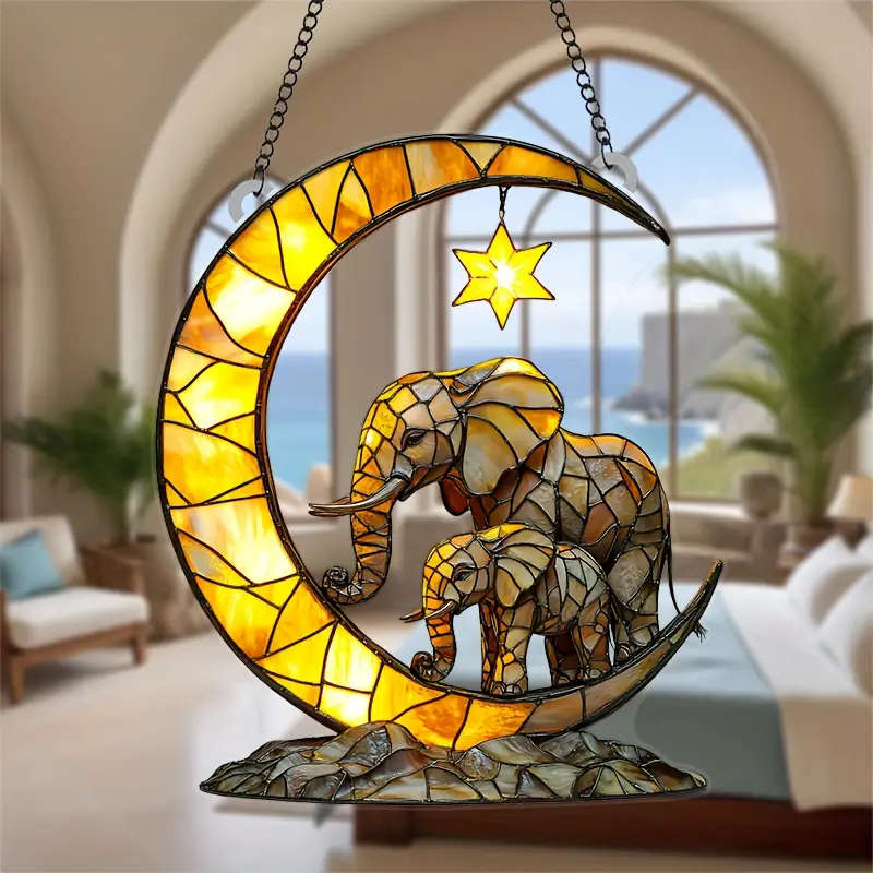 1pc Elephant Family Moon Light Catcher 17.78cmx20.32cm Acrylic Window Ornaments for Bedroom Living R