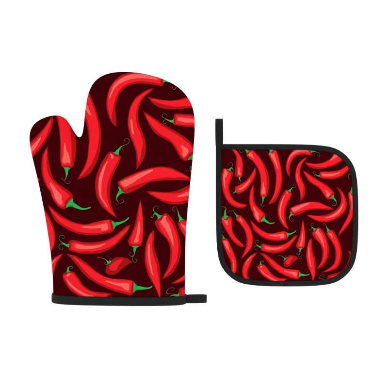 2pcs Red Chili Pepper Oven Mitts Woven Polyester Potholders Heat-Resistant up to 500F Machi