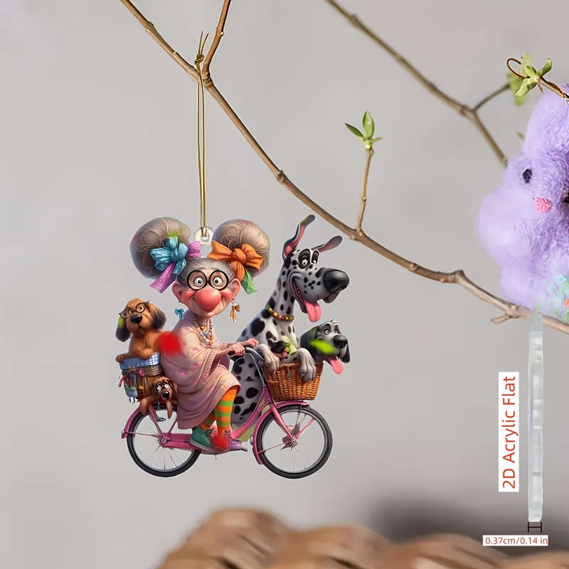 1pc 2D Flat    Acrylic Charming Grandma Riding Bicycle with Dogs Rearview Mirror Decoration P