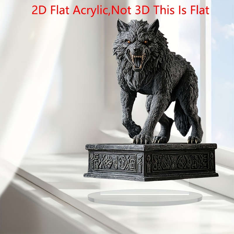 1pc 2D Flat   Bohemian Acrylic Wolf Sculpture Fierce Wolf Head Design with Ornate Base Dark De