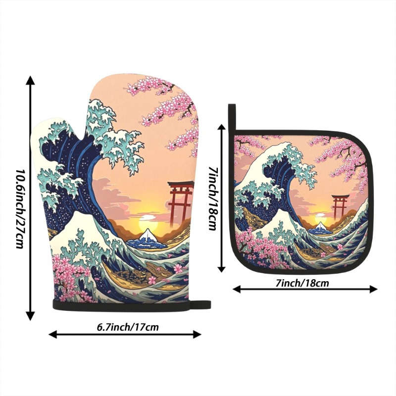 2pcs Set Cherry Blossom Oven Mitts Pot Holders 26.92x17.02cm Heat Resistant Non-Slip Kitch