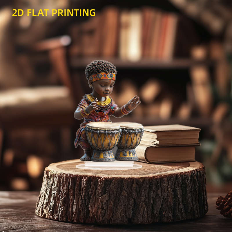 1pc 2D Flat   Acrylic African Boy Playing Drums Decorative Figurine Bohemian Style No Power Ne