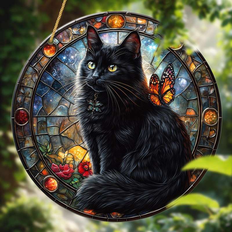 1pc 2D Flat   1 mysterious black cat theme  sun catcher acrylic round wreath logo retro