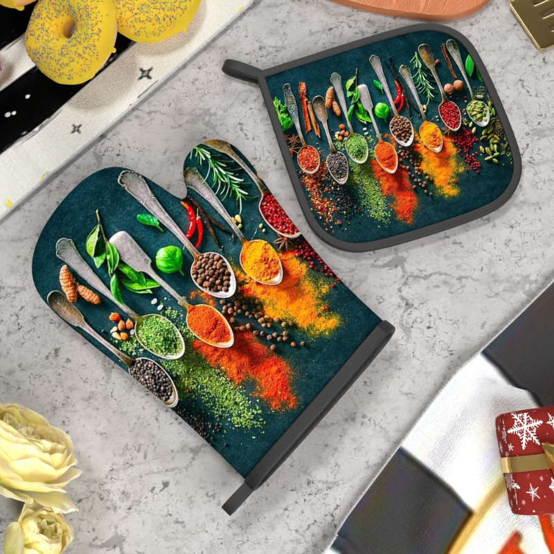 2pcs HeatGuard Kitchen Oven Mitts and Potholders Set Colorful Spices and Herbs Design 100% Po