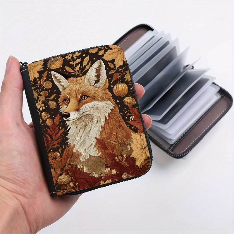1pc Chic Autumn Fox Print Credit Card Holder 24 Slots Zippered Coin Purse ID Wallet for Men an