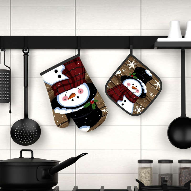 2pcs Christmas Snowman Oven Mitts Heat Resistant 26.92x17.02 cm Festive Snowman Snowflake