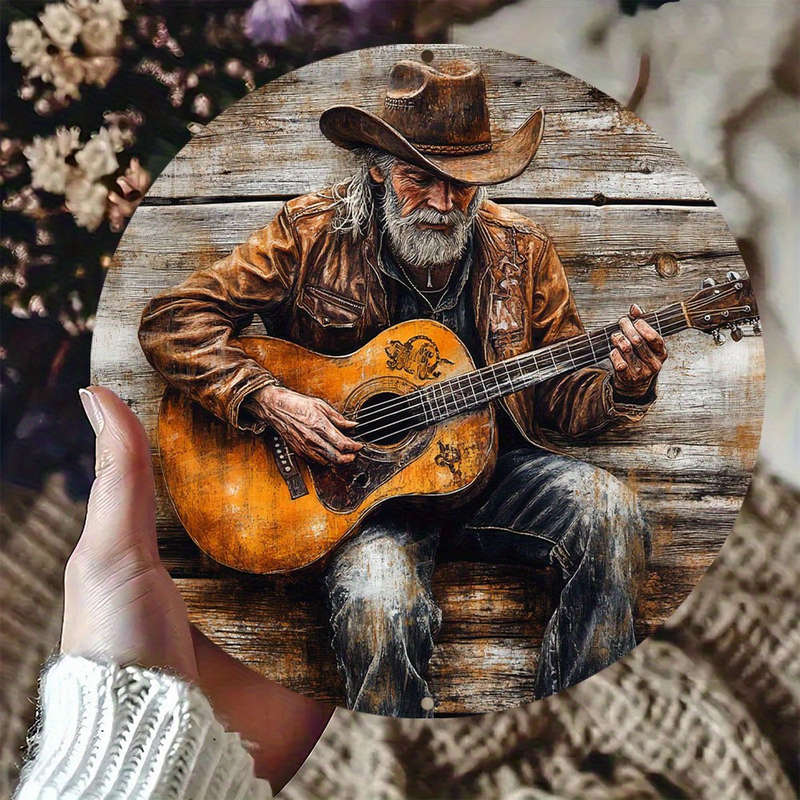 1pc  Rustic Guitar Player Metal Sign Vintage Denim Guitar Wall Art Waterproof HD Print Pre