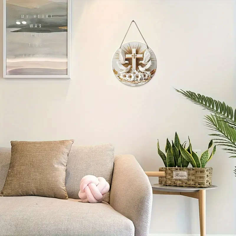 1pc Rustic Wooden Cross and Dove Wreath Sign 19.99cmx19.99cm Round Religious Wall Decor with Hanging