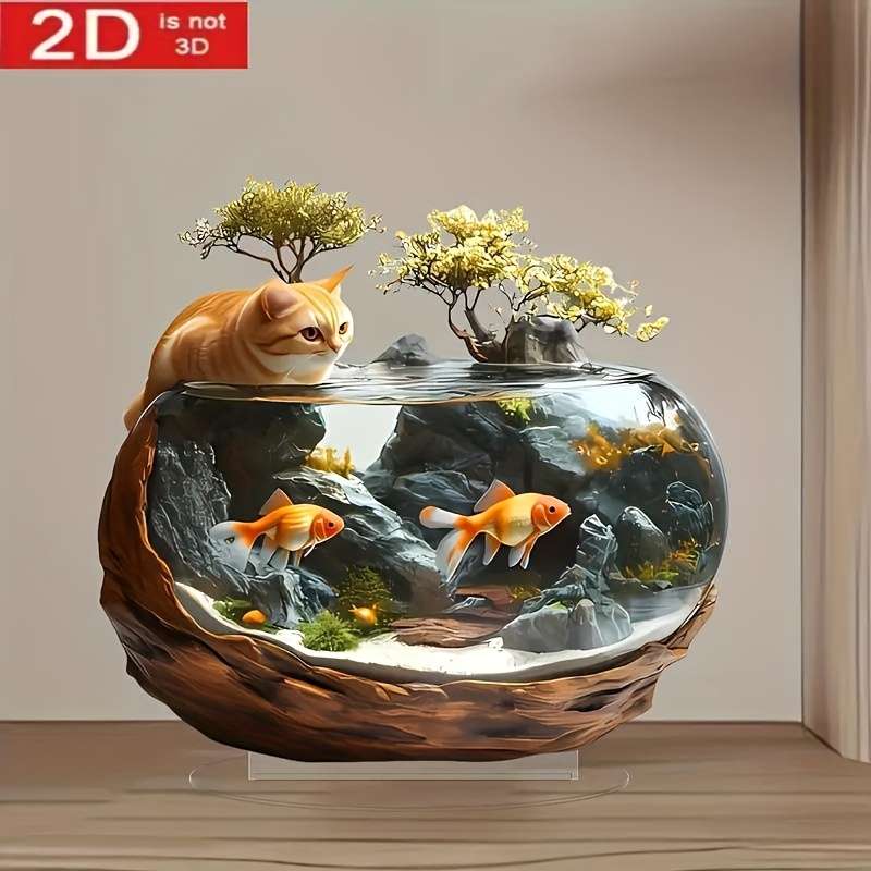 1pc 2D Flat   Plane Vintage Style  Acrylic Greedy Cat Aquarium Tabletop Decoration Animal The