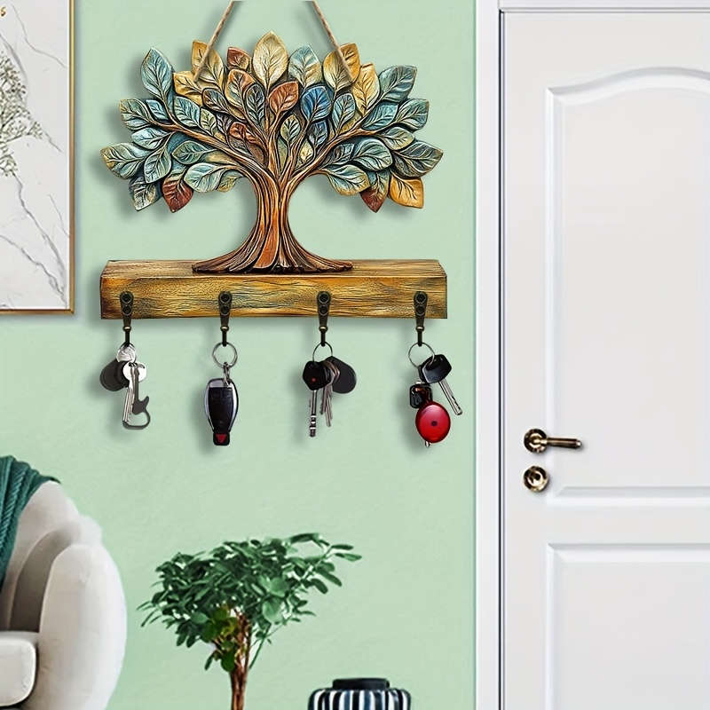 1pc Colorful Tree of Life Wooden Key Hook with Four Metal Hooks Rustic Wall-Mounted Home Decor 30.