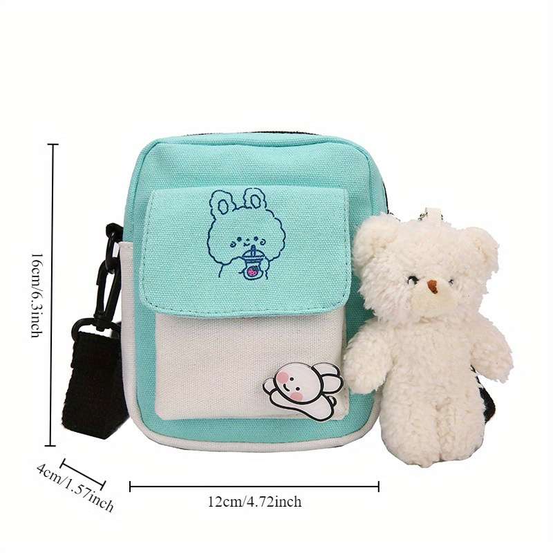 1pc Cute Bunny Canvas Crossbody Bag for Girls Simple Shoulder Messenger with Color-Block Desi